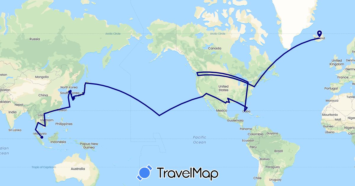 TravelMap itinerary: driving in Canada, Cuba, Iceland, Japan, Cambodia, South Korea, Singapore, Thailand, Taiwan, United States, Vietnam (Asia, Europe, North America)